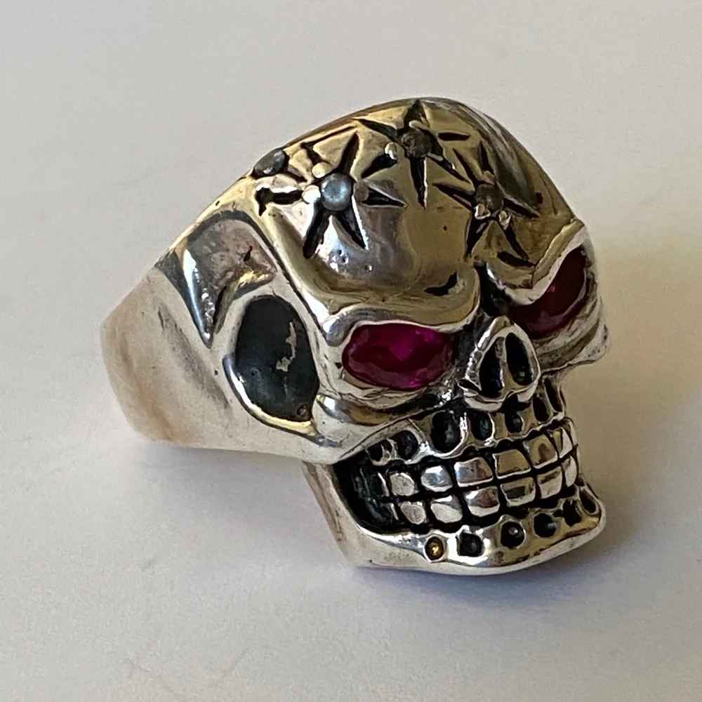 925 Silver stars skull bike biker ring cz stone